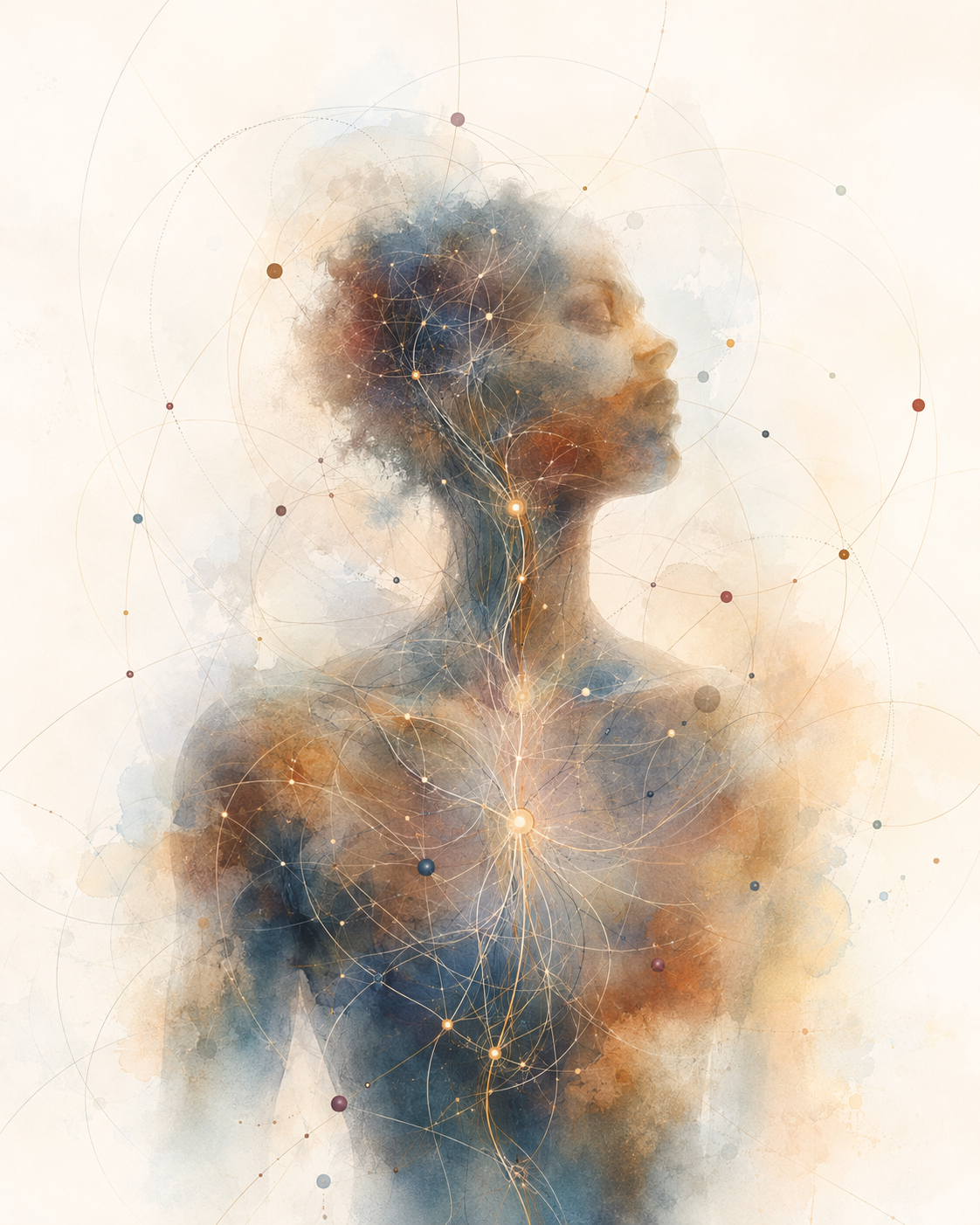 Conceptual human presence situated within overlapping pathways, fields, and contextual nodes.